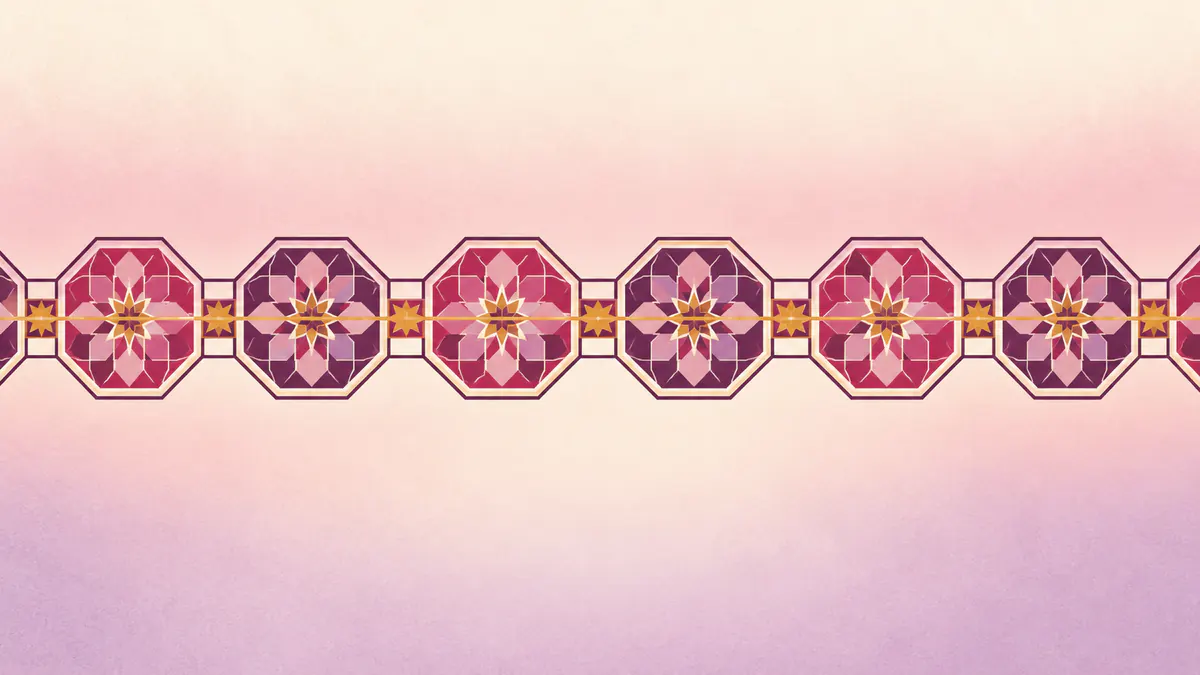 Abstract Islamic geometric pattern in rose, plum and gold: a band of octagons and small squares with a gold line through the middle.