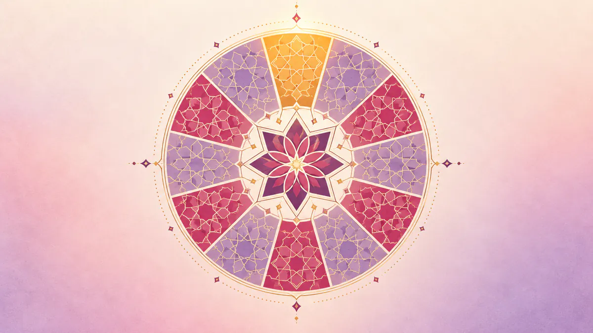 Abstract Islamic geometric pattern in rose, plum and gold: a twelve-segment dial around a star with one gold segment glowing.