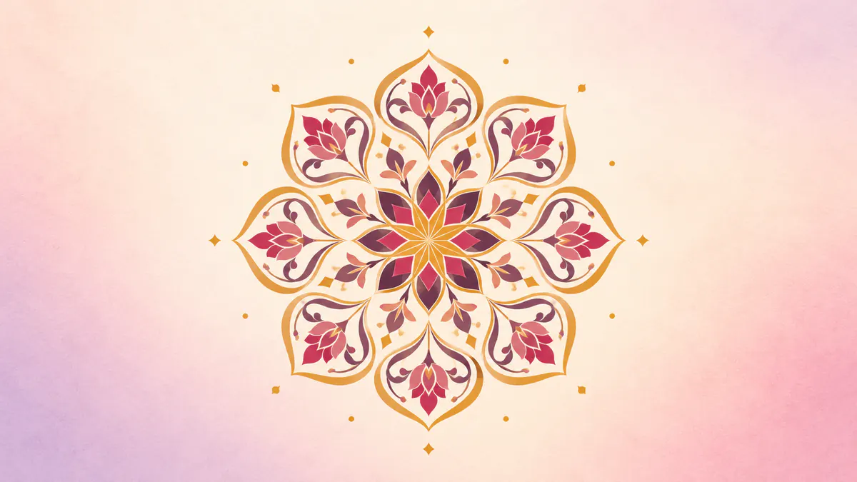 Abstract Islamic geometric pattern in rose, plum and gold: a saffron, rose and plum tile of eight petals around a star.