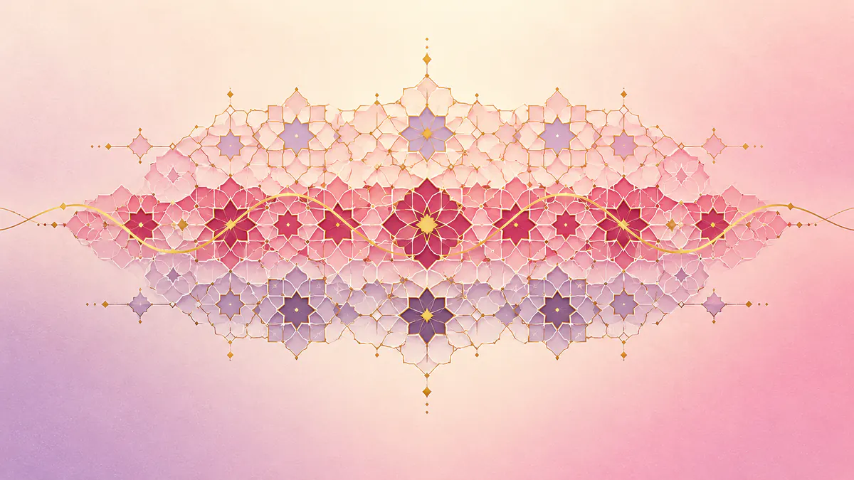 Abstract Islamic geometric pattern in rose, plum and gold: stacked bands of star lattice threaded by a gold ribbon line.
