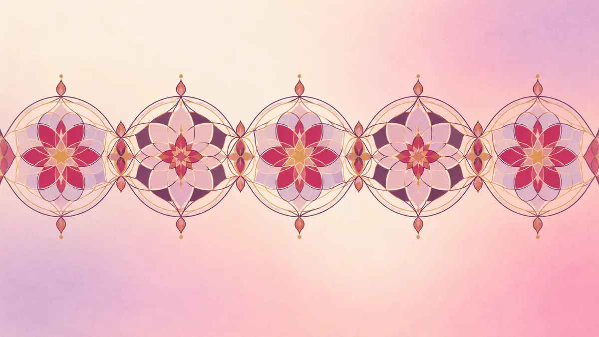 Abstract Islamic geometric pattern in rose, plum and gold: a band of interlaced star-and-leaf medallions in a row.