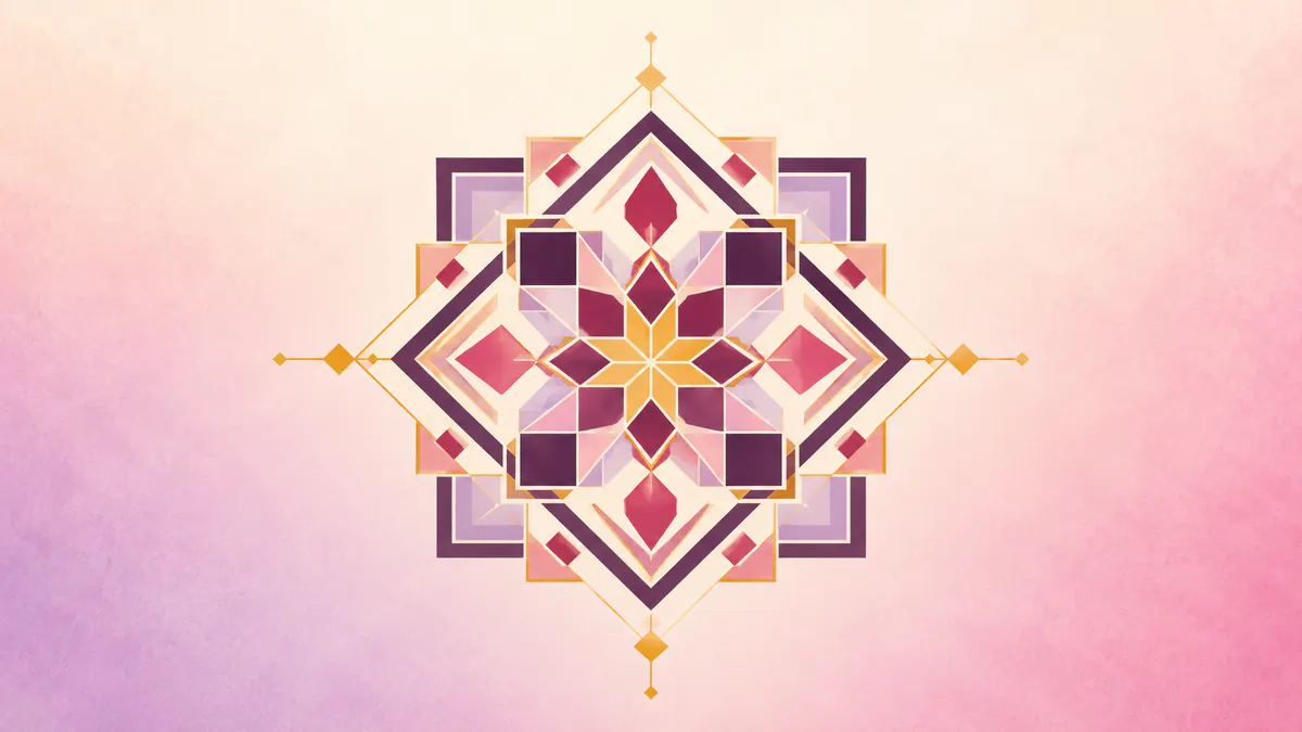 Abstract Islamic geometric pattern in rose, plum and gold: nested rotated squares forming a solemn eight-point star.