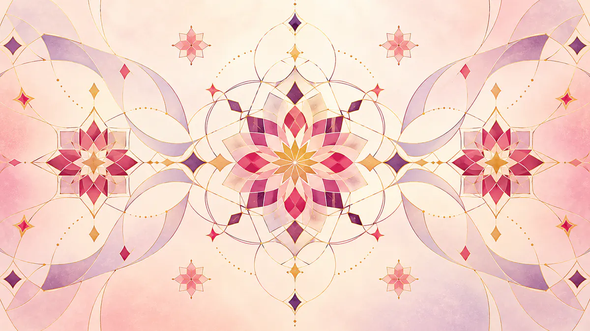 Abstract Islamic geometric pattern in rose, plum and gold: flowing interlaced stars and curves in rose and gold on ivory.