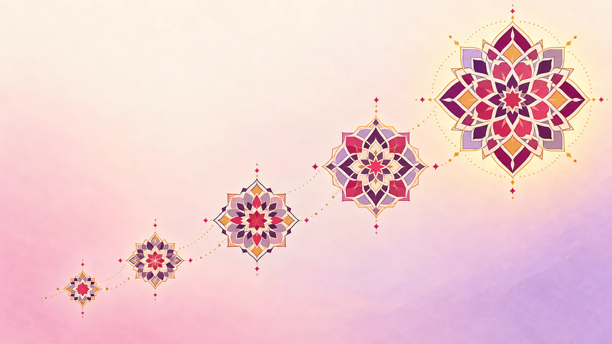 Abstract Islamic geometric pattern in rose, plum and gold: rising star medallions climbing to a grand gold-glowing rosette.