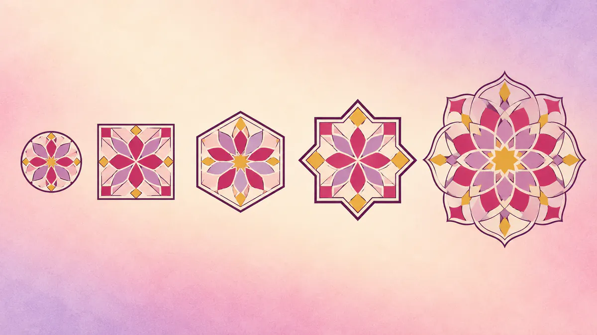 Abstract Islamic geometric pattern in rose, plum and gold: simple tiles growing larger toward a central rosette.