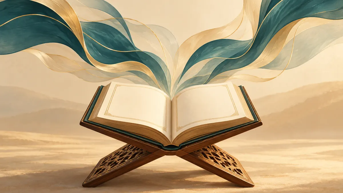 Soft teal and gold sound-wave ribbons rising from an open Quran on a wooden stand.