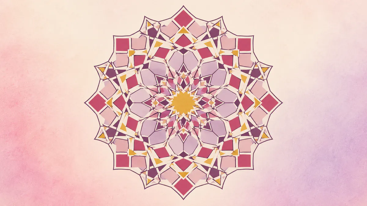 Abstract Islamic geometric pattern in rose, plum and gold: a sixteen-point star with rings of interlaced star lattice growing outward.