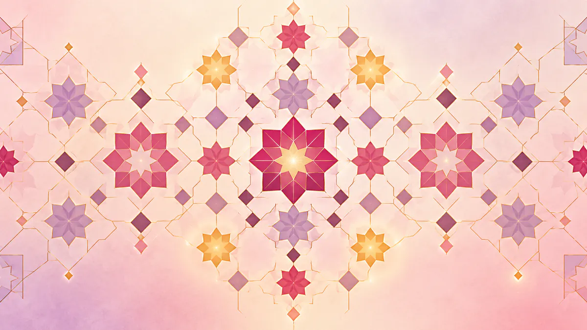 Abstract Islamic geometric pattern in rose, plum and gold: bright star tiles in a puzzle-like grid, a few glowing.