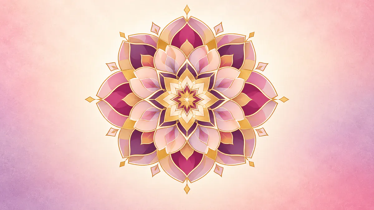 Abstract Islamic geometric pattern in rose, plum and gold: a radiant, perfectly even gold and rose rosette with an inner star.