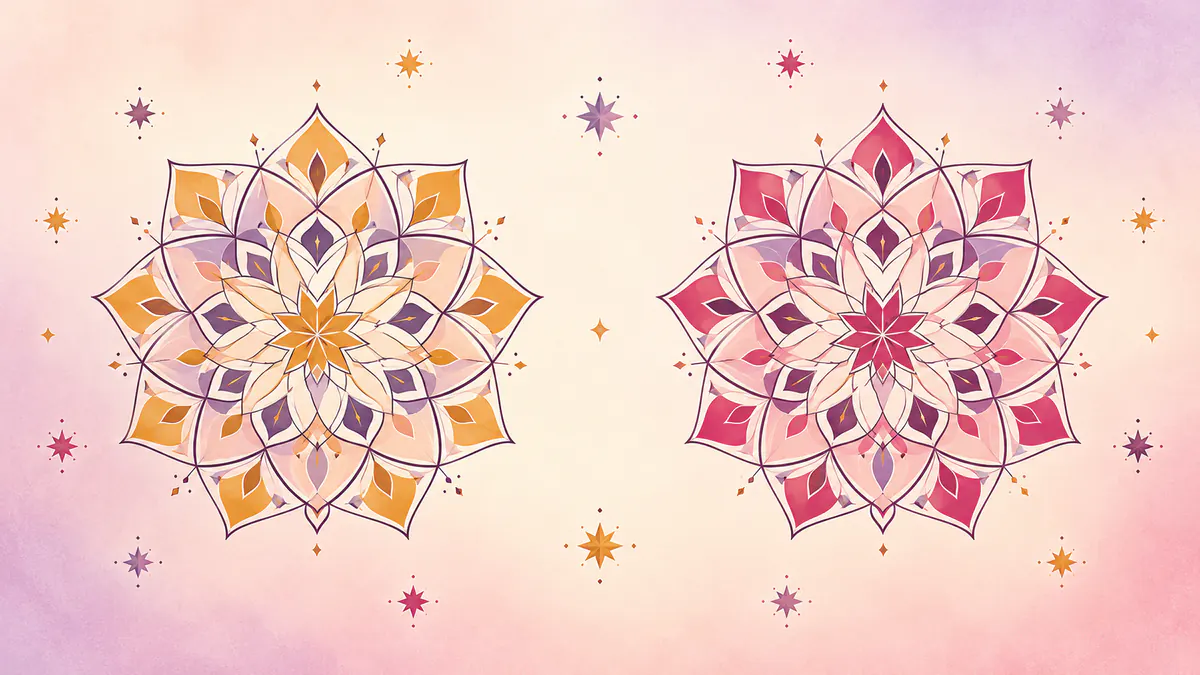 Abstract Islamic geometric pattern in rose, plum and gold: a gold rosette and a rose rosette side by side among star confetti.