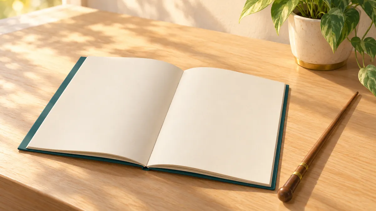 An open beginner's primer with blank pages beside a wooden pointer and a small plant.