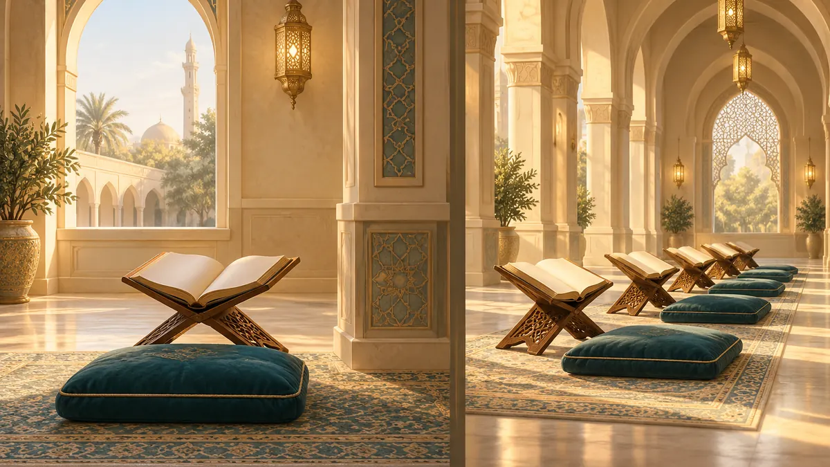 One cushion and book stand on one side and a row of book stands in an arched hall on the other.