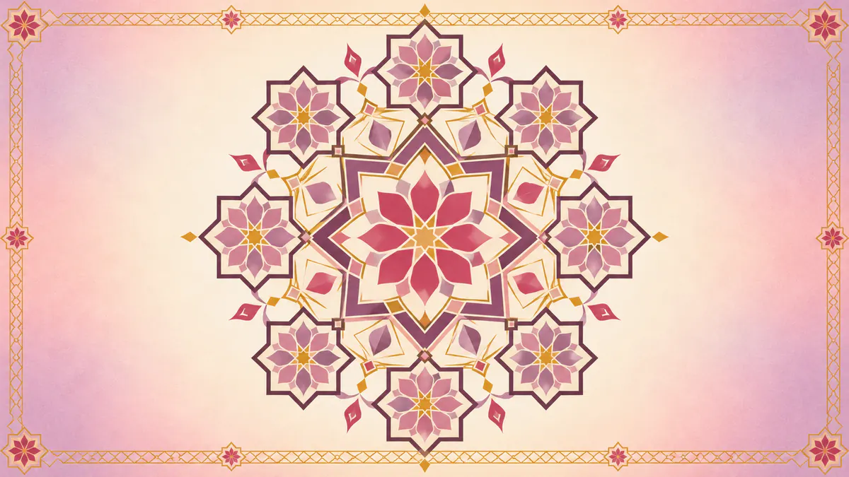 Abstract Islamic geometric pattern in rose, plum and gold: a complete eight-point star ringed by interlaced stars and a gold border.