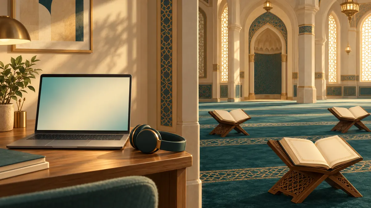 A laptop and headphones at home on one side and a carpeted mosque hall with book stands on the other.