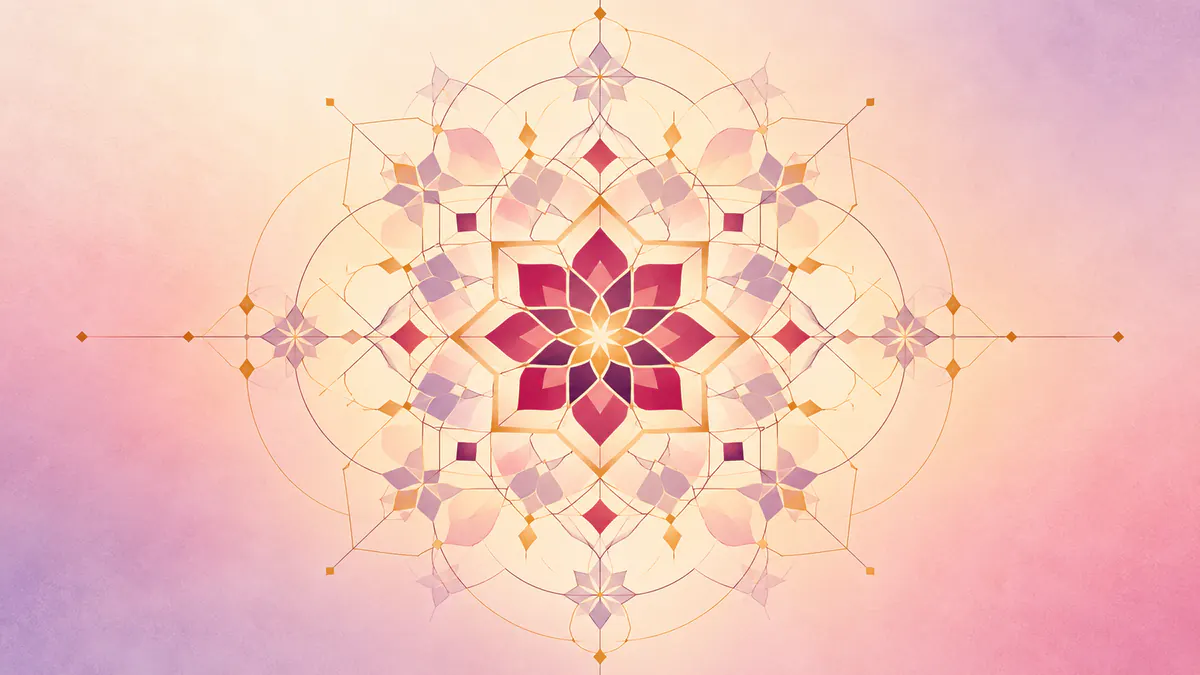 Abstract Islamic geometric pattern in rose, plum and gold: a single star at the centre sending out the first rings of an expanding pattern.