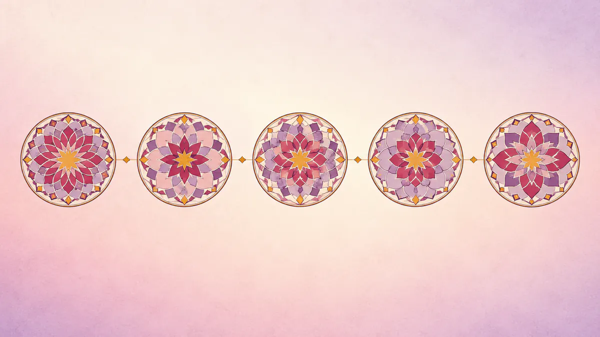 Abstract Islamic geometric pattern in rose, plum and gold: five matching medallions in a row joined by a thin gold thread.