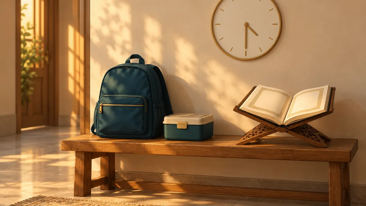 A school backpack and lunchbox beside a small open Quran on a stand and a wall clock.