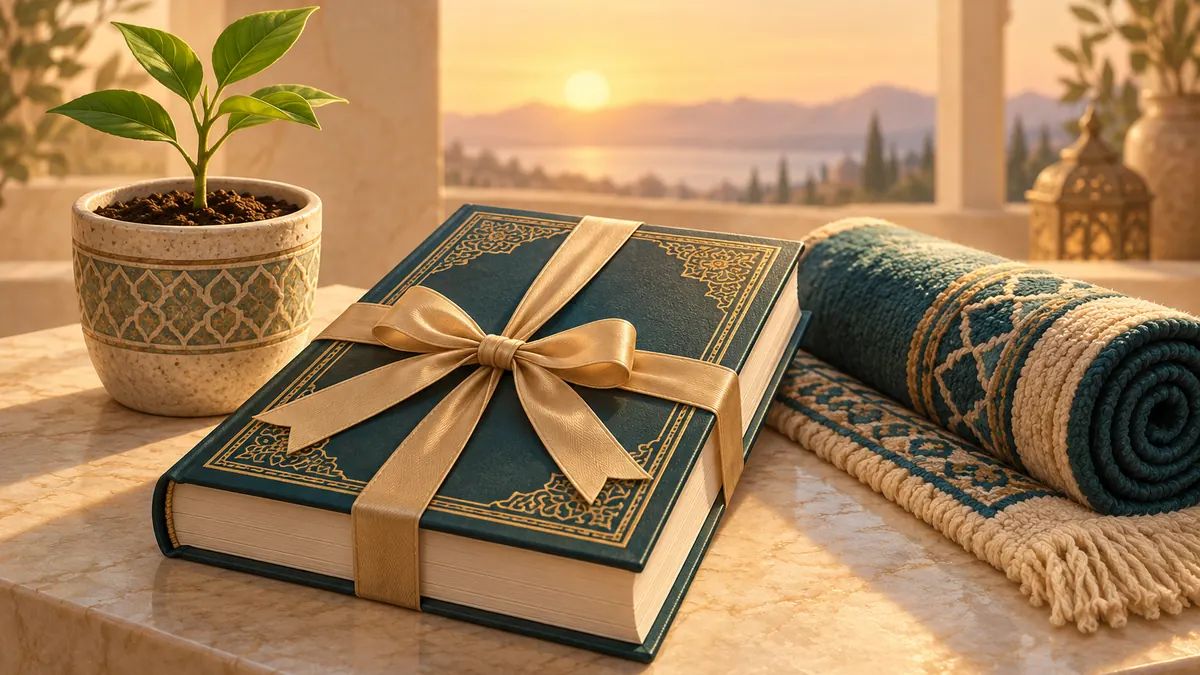 A new Quran tied with a ribbon beside a young sapling and a rolled prayer mat at sunrise.