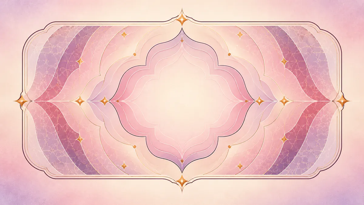 Abstract Islamic geometric pattern in rose, plum and gold: star-edged sound-wave ripples framed like a window.