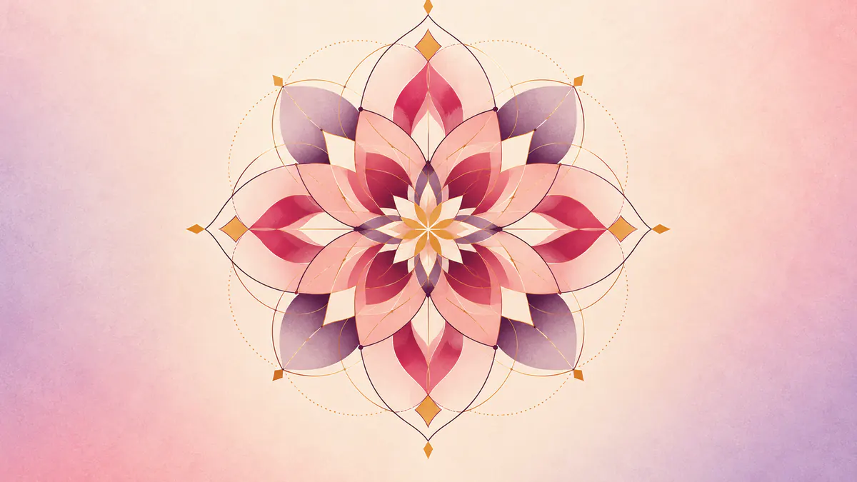 Abstract Islamic geometric pattern in rose, plum and gold: a rosette of fine radiating lines in rose and plum.