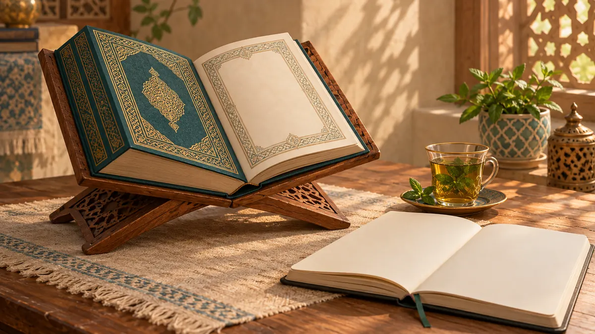 An ornate Quran on a stand next to a modern dictionary-style book and a glass of mint tea.