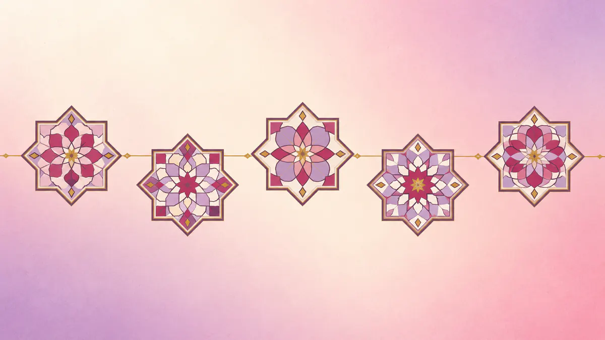 Abstract Islamic geometric pattern in rose, plum and gold: five star medallions at different heights joined by a fine gold line.