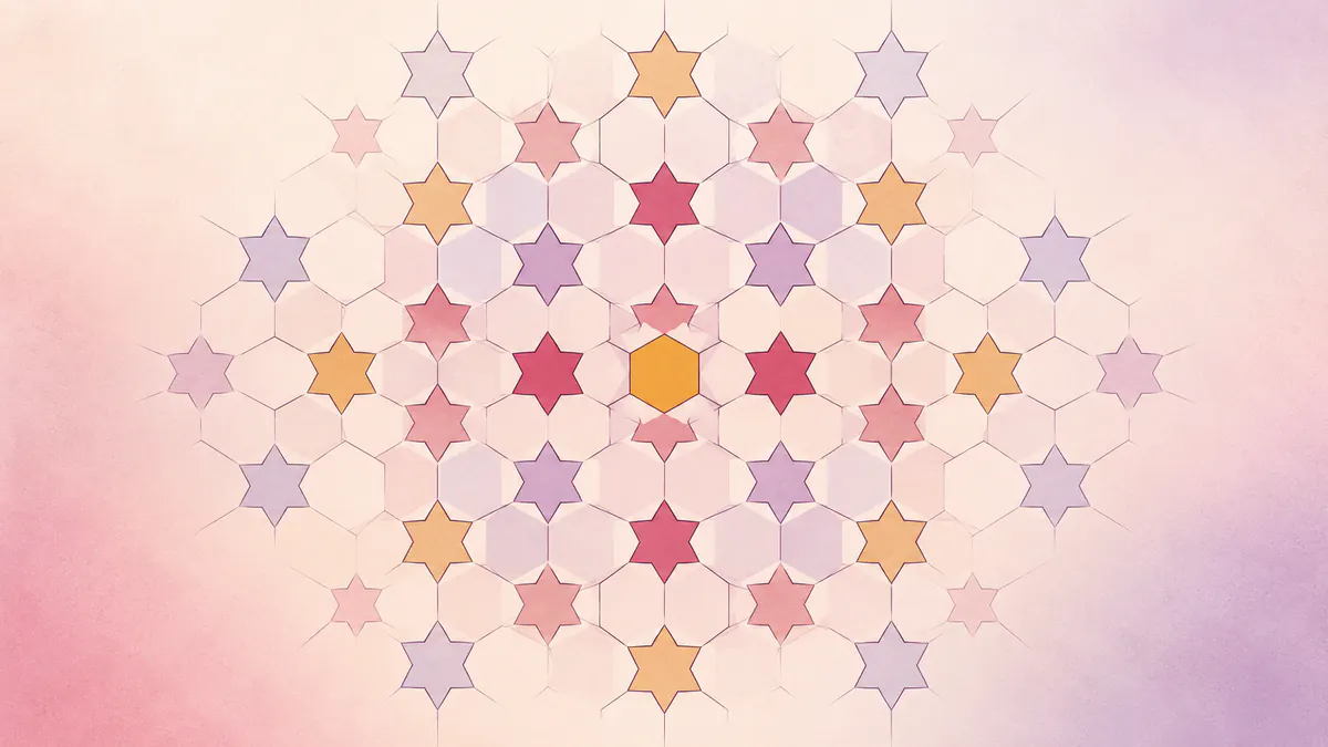Abstract Islamic geometric pattern in rose, plum and gold: a hexagonal star tessellation with one gold tile at the centre.