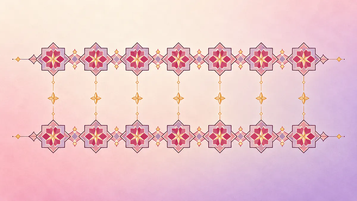 Abstract Islamic geometric pattern in rose, plum and gold: two bands of star lattice linked by fine gold bridging lines.