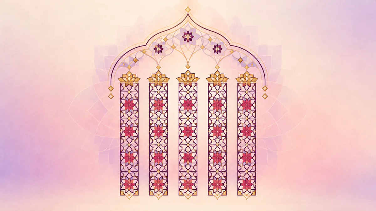 Abstract Islamic geometric pattern in rose, plum and gold: five slim star-lattice pillars under a shared arch with gold capitals.