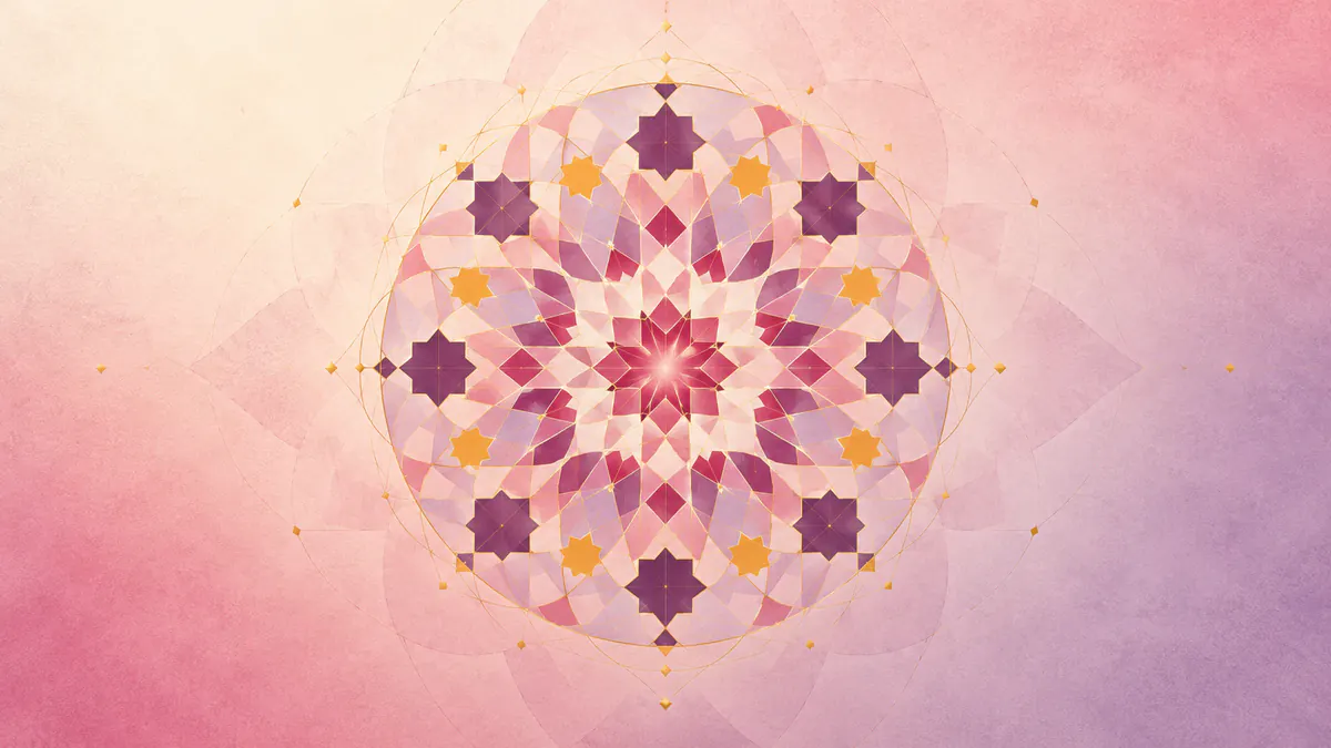 Abstract Islamic geometric pattern in rose, plum and gold: a circular star lattice softly veiled in blush with gold highlights.