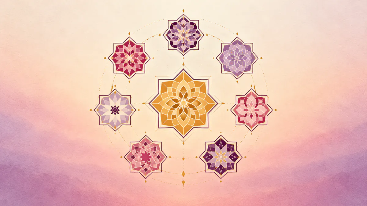 Abstract Islamic geometric pattern in rose, plum and gold: seven small medallions wheeling around a gold central star.