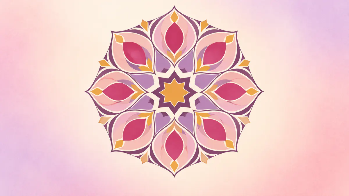 Abstract Islamic geometric pattern in rose, plum and gold: an eight-petal medallion in rose, gold and lavender.
