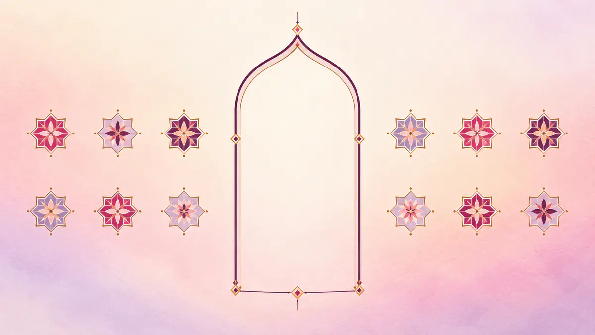 Abstract Islamic geometric pattern in rose, plum and gold: twelve small stars in two rows on either side of a tall pointed arch.