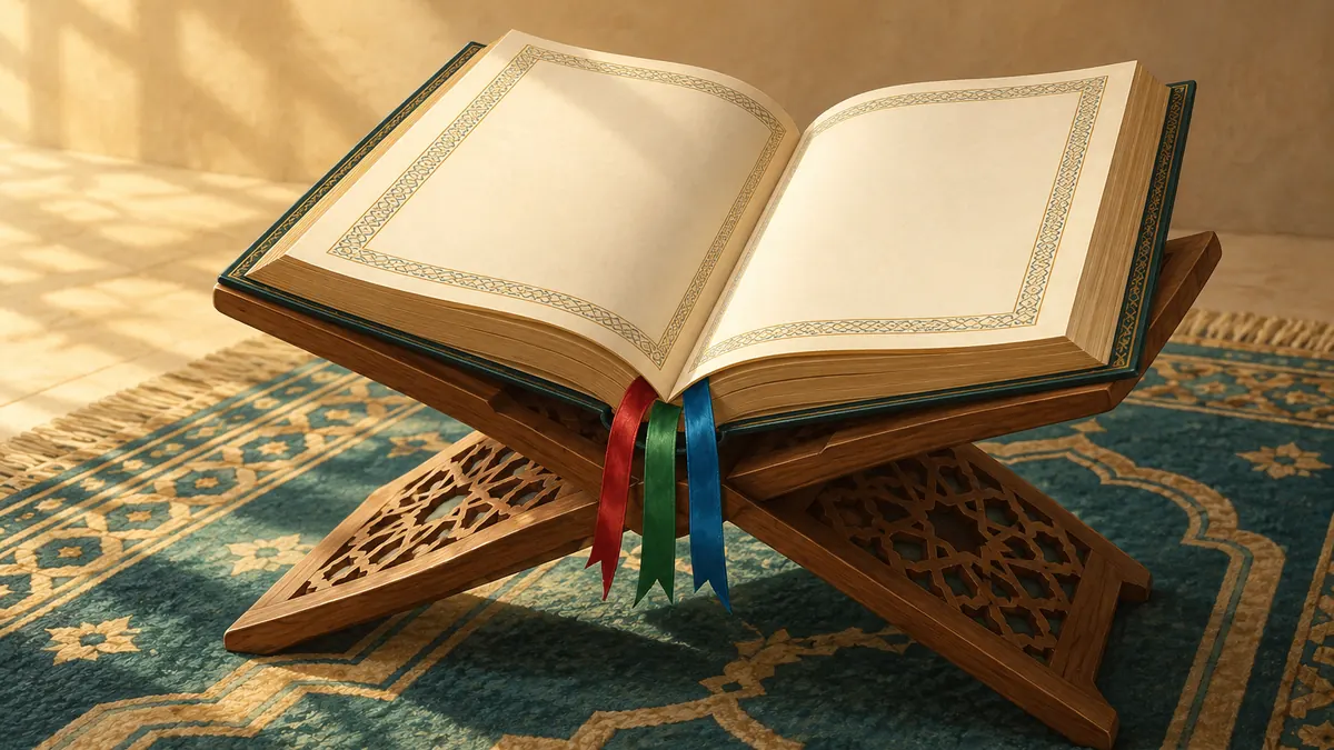 An open Quran on a wooden stand with red, green and blue ribbon bookmarks on a patterned rug.