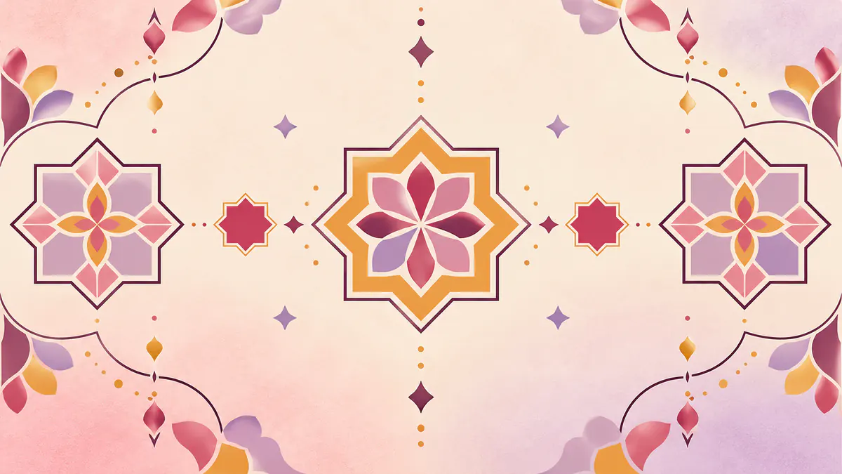 Abstract Islamic geometric pattern in rose, plum and gold: big friendly stars and rounded shapes in rose, gold and lavender.