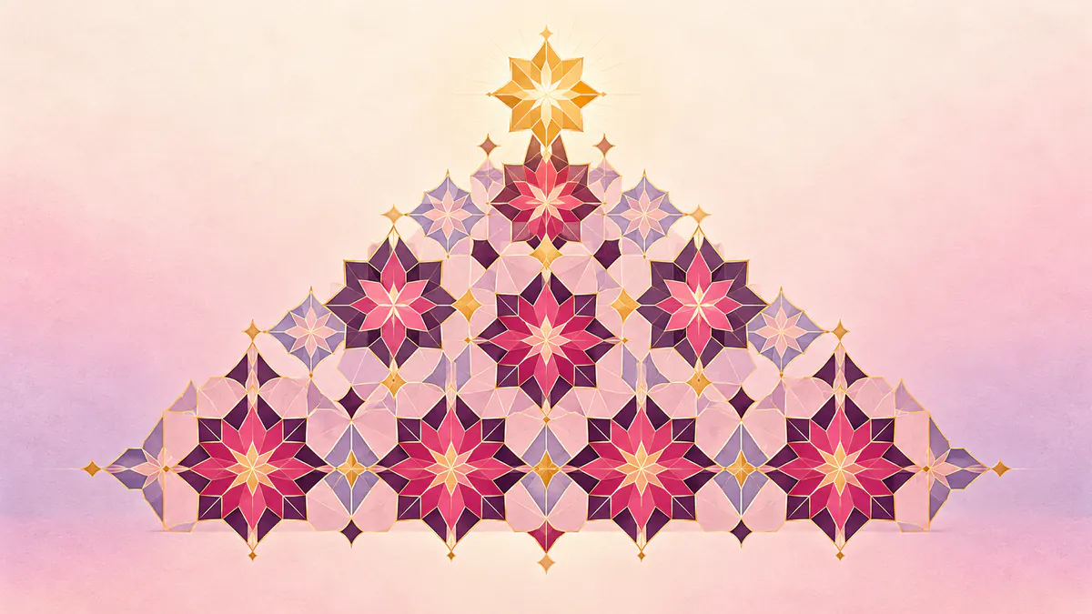 Abstract Islamic geometric pattern in rose, plum and gold: a tiered pyramid of star tiles rising to one gold star.