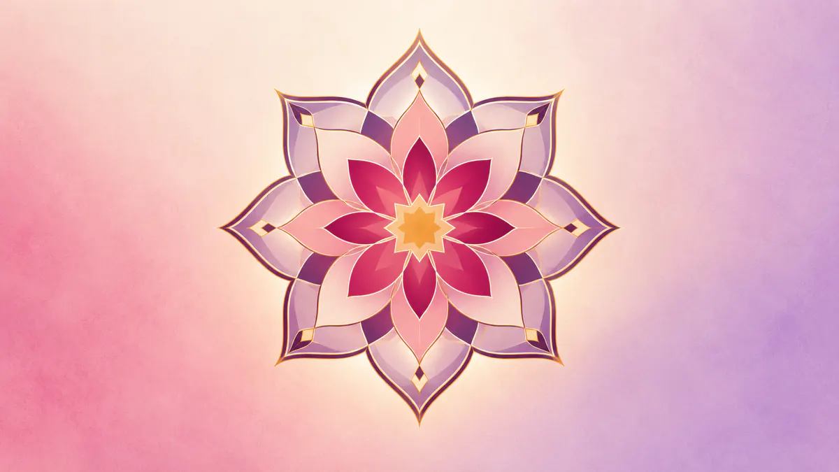 Abstract Islamic geometric pattern in rose, plum and gold: a closed star gently opening in blush and gold light.