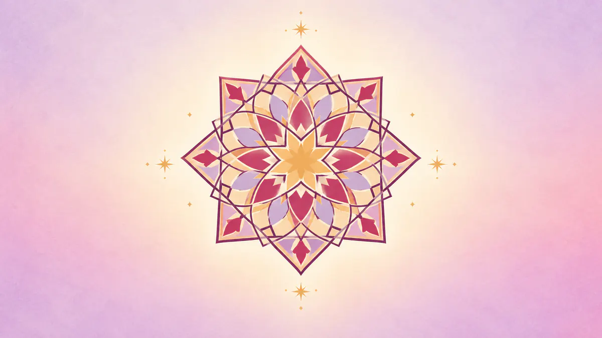 Abstract Islamic geometric pattern in rose, plum and gold: a luminous gold star rosette glowing on a soft lavender ground.