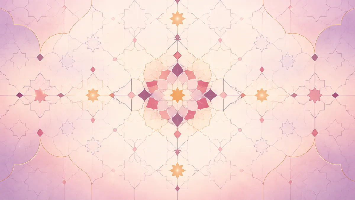 Abstract Islamic geometric pattern in rose, plum and gold: a star lattice with a few quietly lit gold stars.