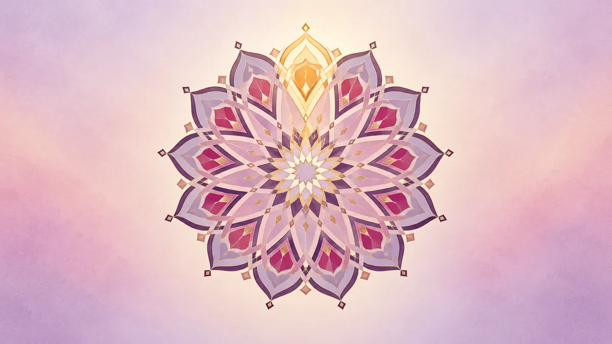 Abstract Islamic geometric pattern in rose, plum and gold: a twelve-fold rosette with one segment glowing brightest in gold.