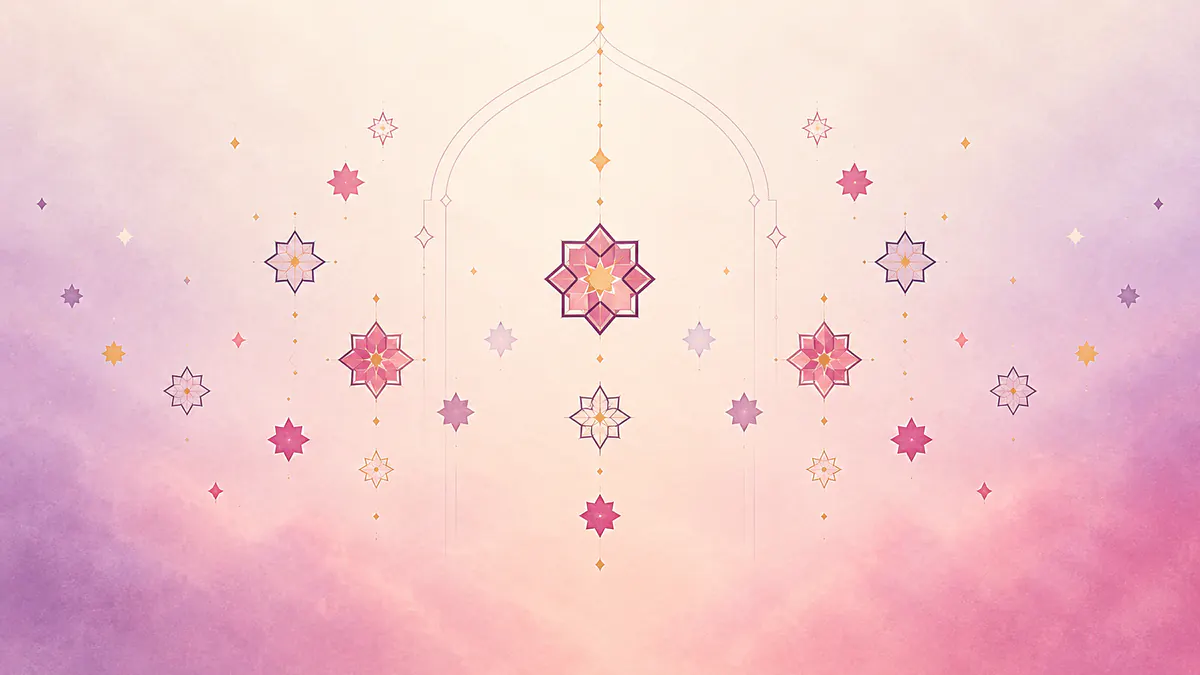 Abstract Islamic geometric pattern in rose, plum and gold: small stars drifting upward through a dreamy lavender and blush gradient.