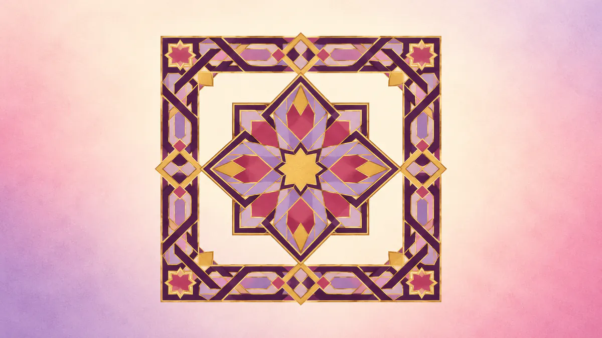 Abstract Islamic geometric pattern in rose, plum and gold: an eight-point star set in an orderly square geometric frame.