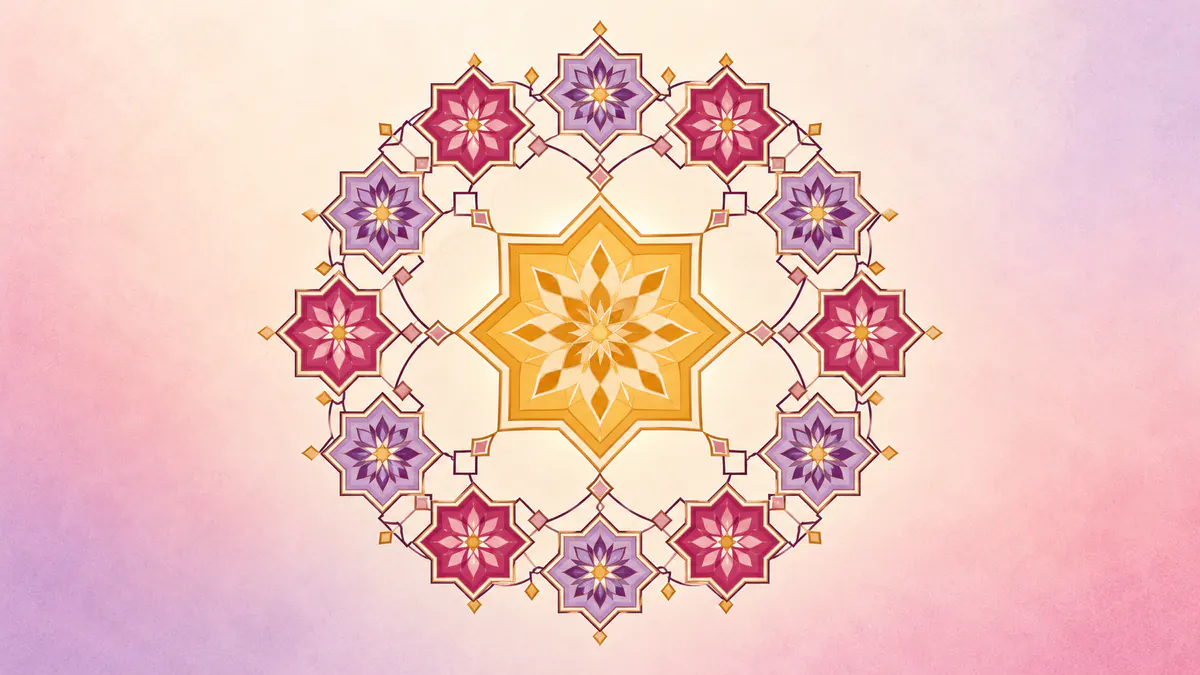 Abstract Islamic geometric pattern in rose, plum and gold: many small star medallions circling a larger central gold star.