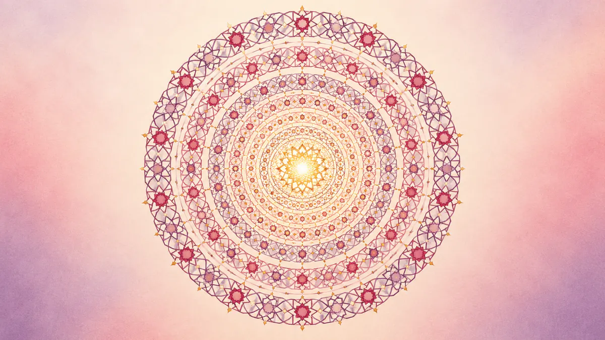 Abstract Islamic geometric pattern in rose, plum and gold: ten concentric star-lattice rings drawing in to a bright gold centre.