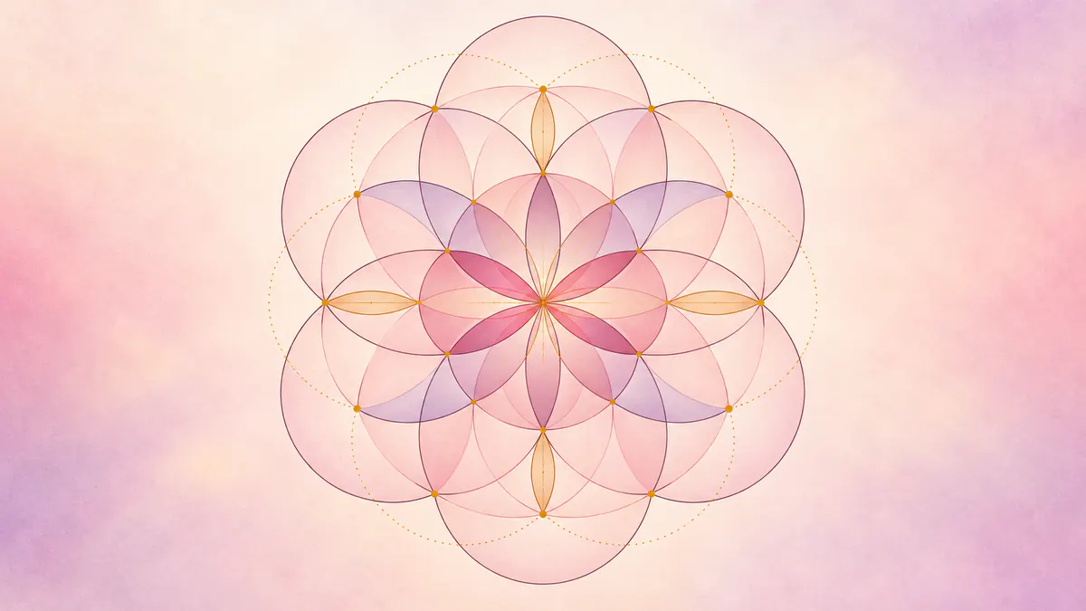 Abstract Islamic geometric pattern in rose, plum and gold: overlapping circles forming a soft blush rosette with gold intersections.