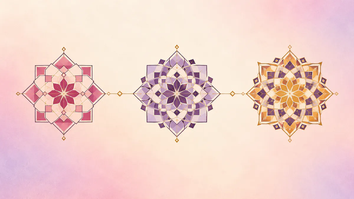 Abstract Islamic geometric pattern in rose, plum and gold: three medallions of rising complexity joined by a fine gold line.