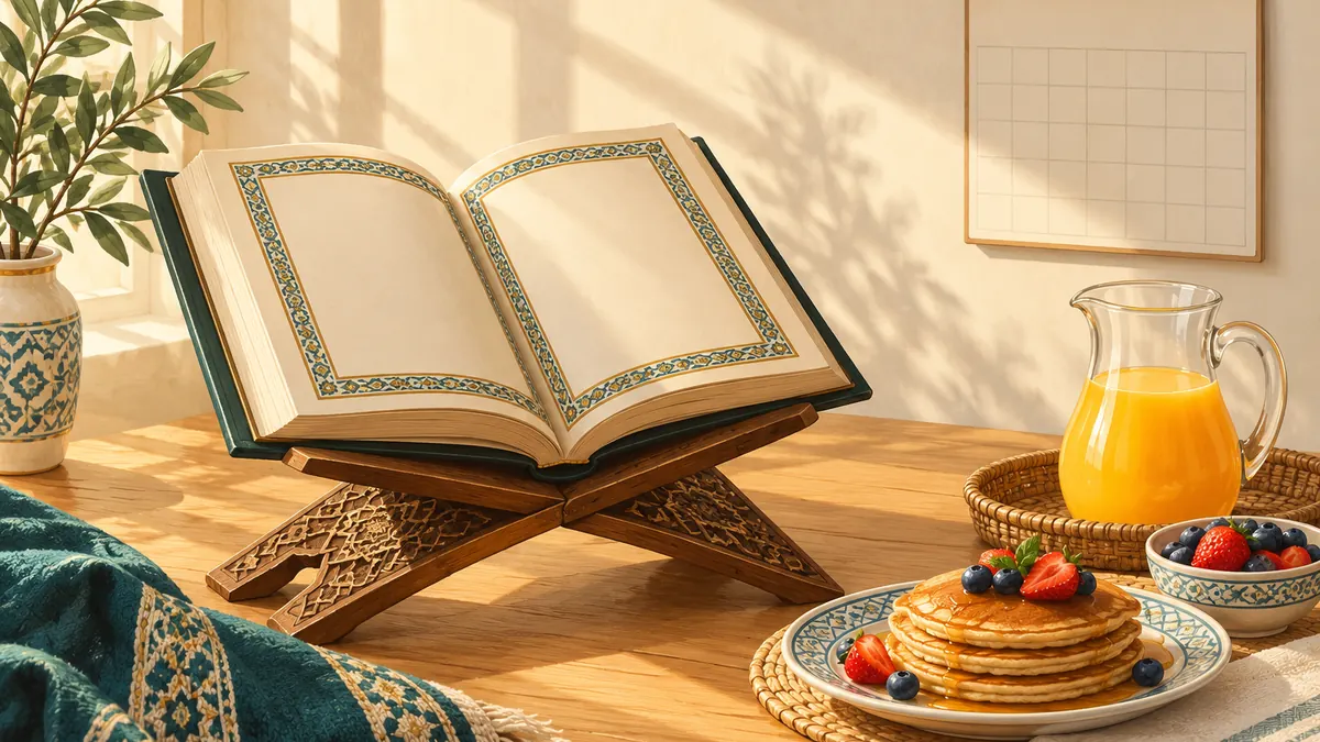 A sunny weekend breakfast table with an open Quran on a stand and a blank calendar.