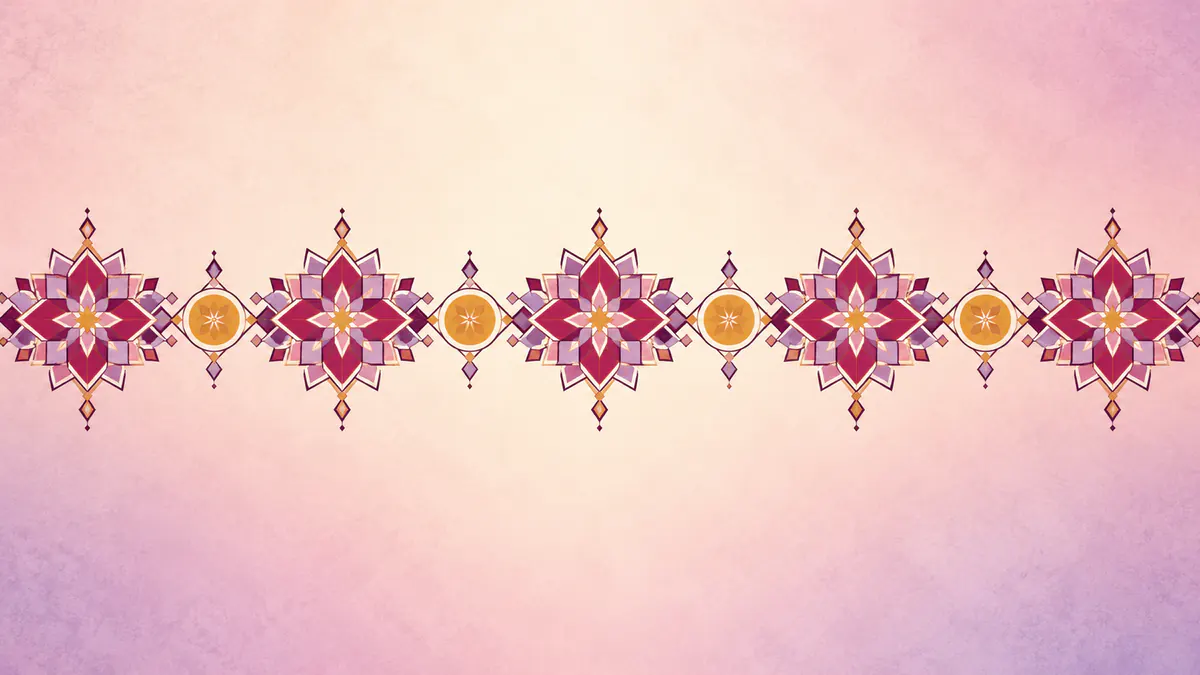 Abstract Islamic geometric pattern in rose, plum and gold: a ribbon of star tiles paused by small gold circle medallions.