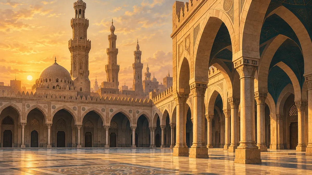 The stone arches and minarets of a historic mosque courtyard at golden hour.