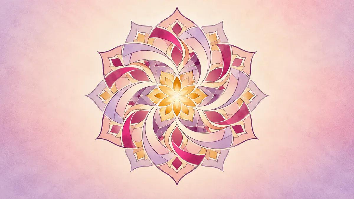 Abstract Islamic geometric pattern in rose, plum and gold: curving interlaced star arms spinning around a bright gold centre.